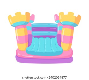 Trampoline bouncy castle on kids playground vector illustration. Children game center in mall. Indoor or outdoor kids play zone. Active leisure fun happy childhood concept.