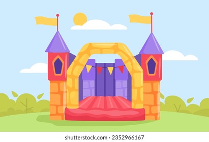 Trampoline castle concept. Entertainment for kids leisure and fun. Rubber red building for children. Fantasy and fairy tale, imagination. Poster or banner. Cartoon flat vector illustration