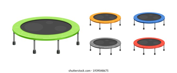 Trampoline for children and adults for indoor or outdoor fun, fitness jumping in different colors. Icon. Vector illustration