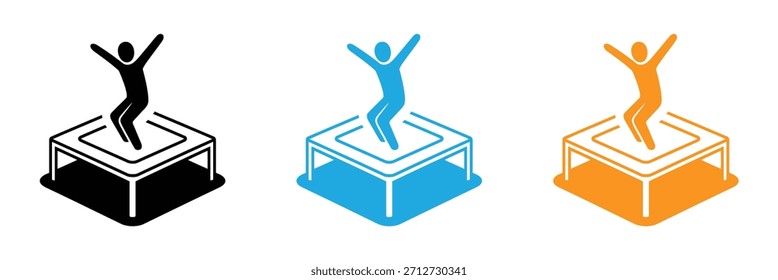 Conjunto de símbolos de línea plana de icono de trampolín. Conjunto de iconos de salto de trampolín. Icono de trampolín saltando aislado sobre fondo blanco.  Icono del trampolín de los niños. Establezca los íconos en Botones de círculo de color.