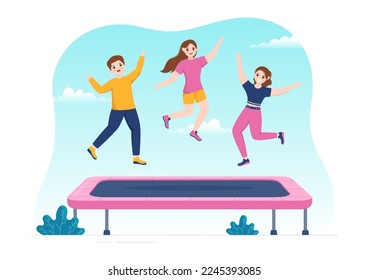 Trampoline Illustration with Youth Jumping On a Trampolines in Hand Drawn Flat Cartoon Summer Outdoor Activity Background Template