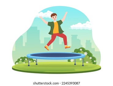 Trampoline Illustration with Youth Jumping On a Trampolines in Hand Drawn Flat Cartoon Summer Outdoor Activity Background Template