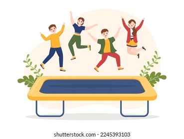 Trampoline Illustration with Youth Jumping On a Trampolines in Hand Drawn Flat Cartoon Summer Outdoor Activity Background Template