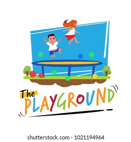 trampoline jump. kid jumpin on trampoline with "Playground" typographic - vector illustration