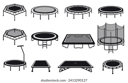 Trampoline jumping entertainment for indoor and outdoor leisure activity black icon set isometric vector illustration. Fitness gymnastic game play energy high flying sport recreation bounce with net
