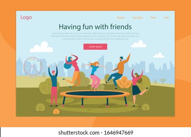 Trampoline Jumping Flat Landing Page Template. Happy People Having Fun. Best Friends Recreation in Amusement Park Web Banner Vector Layout with Text Space. Group Leisure Activity on Nature