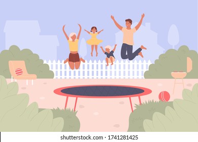Trampoline jumping vector illustration. Cartoon flat family people jump and have fun together, active happy jumper characters bounce high on trampoline. Summer leisure outdoor activity background