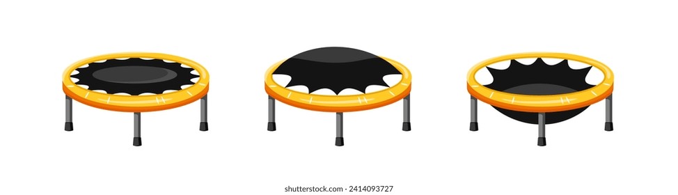 Trampoline is level and flexing set. Yellow black round instrument for gymnastics and fun jumping with active sports vector leisure