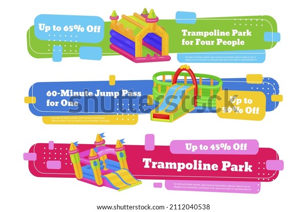 Trampoline park advertising banner\
collection vector isometric illustration. Set of horizontal promo\
poster inflatable rubber entertainment for jumping and sliding sale\
discount\
advertisement