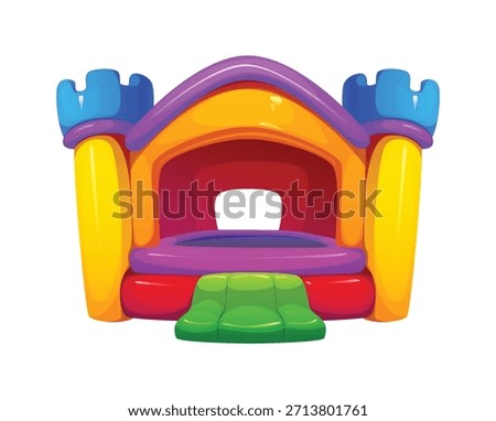 Trampoline park bouncy house, inflatable castle with yellow towers, purple roof and blue turrets, green entry step, purple rooftop. Cartoon vector outdoor amusement for kid parties, outdoor fun