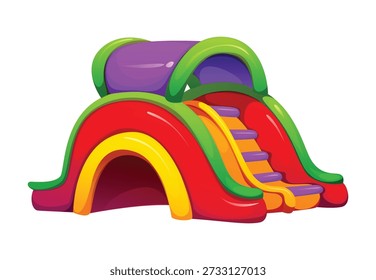 Parque de trampolín inflable tobogán hinchable de Vector con túnel de arco rojo y bordes curvos verdes, pendiente naranja con escalones púrpura. Parque de atracciones, parque infantil y tobogán hinchable para juegos divertidos para niños