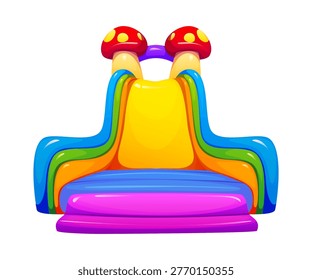 Trampoline park vector bouncy house, inflatable slide castle with red mushroom shaped towers and central yellow slide. Amusement park, kids party, festival event bouncy house. Cartoon recreation zone