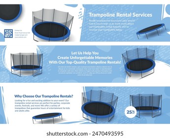 Trampoline rental service sale discount banner design template set realistic vector illustration. Jumping sport fitness gymnastics recreational entertainment equipment with net rent special offer