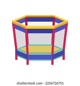 Trampoline with safety net for playground vector illustration. Bouncy object for sports center or playroom isolated on white background. Childhood, fitness, leisure concept