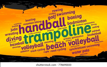 Trampoline. Word cloud, cool design, gold background. Summer sports.