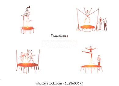 Trampolines - happy people jumping on trampolines vector concept set. Hand drawn sketch isolated illustration