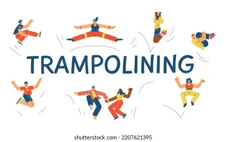 Trampolining Sport And Fitness Activity Banner Header With People Jumping On Trampoline, Flat Cartoon Vector Illustration Isolated On White Background.