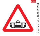 Trams likely to be crossing ahead road sign. Vector illustration of tramway caution traffic sign. Red triangle with streetcar icon inside isolated on white background.