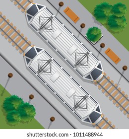 Trams on the road. View from above. Vector illustration.
