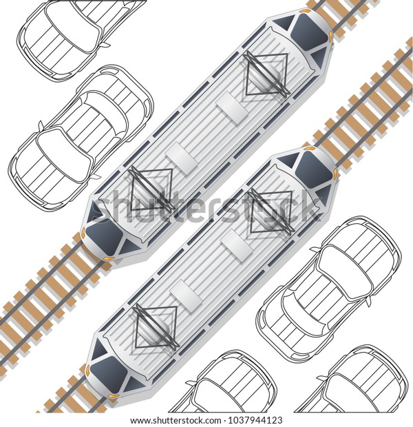 Trams\
on the road. View from above. Vector\
illustration.