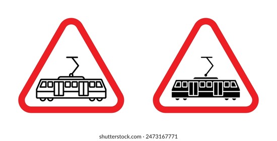 Señal de tráfico de precaución del tranvía que indica el cruce del tranvía y el tráfico