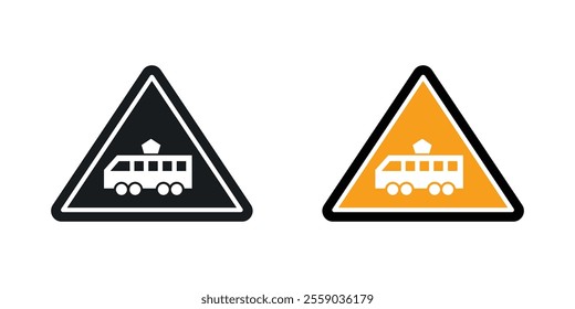 Tramway caution traffic sign vectors in black and colored version