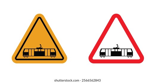 Tramway caution traffic signs in black and color style