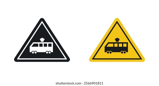 Tramway caution traffic signs set in black and colored