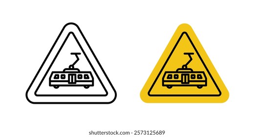 Tramway caution traffic signs vectors set in black and red colors on white background.