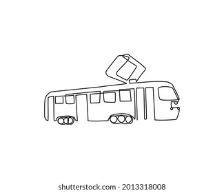 Tramway continuous line drawing. One line art of tram, streetcar.