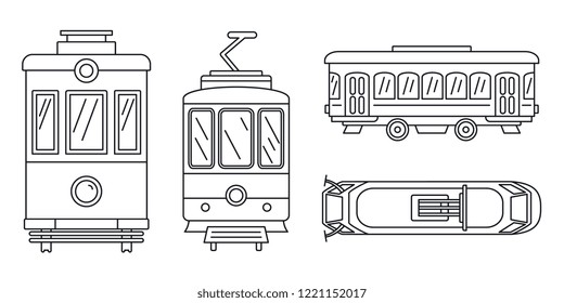 Tramway icon set. Outline set of tramway vector icons for web design isolated on white background