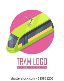 Tramway isometric projection icon. Green electric tram vector illustration isolated on white background. City public transport. For game environment, urban infographics, logo, web design