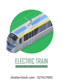 Tramway isometric projection icon. Green electric tram vector illustration isolated on white background. City public transport. For game environment, urban infographics, logo, web design