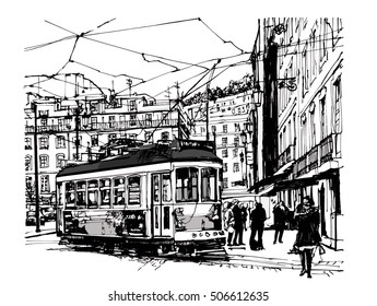 Tramway em lisboa - ilustração vetorial