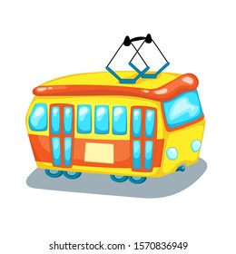 Tramway side view isolated. City transport cartoon vector illustration on white background. Tram car with electric wires. Urban public transport. Eco-friendly transport icon. Retro tram logo
