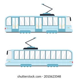Tranvía con tres puertas. Vista lateral. Dibujo, ilustración vectorial de estilo plano. Transporte público urbano, pequeño tranvía moderno aislado en blanco. Transporte ecológico de la ciudad.
