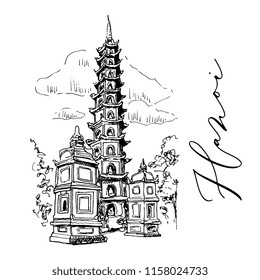 Tran Quoc Pagoda In Hanoi In Vietnam Vector Sketch Illustration