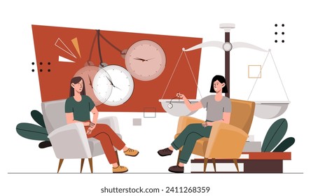 Trance effect concept. Psychologist communicates with client and patient. Hypnosis and mental health care. Woman show pendulum to girl. Cartoon flat vector illustration isolated on white background