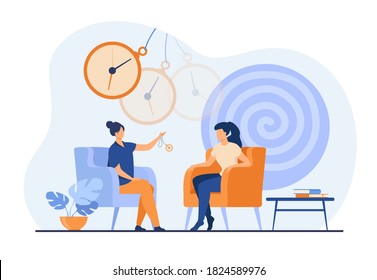 Trance effect on woman during session of hypnosis therapy isolated flat vector illustration. Abstract psychedelic whirlpool and chatelaine watch. Altered state of mind and unconsciousness concept