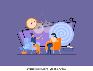 Trance effect on woman during session of hypnosis therapy isolated flat vector illustration. Abstract psychedelic whirlpool and chatelaine watch. Altered state of mind and unconsciousness concept