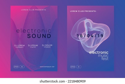 Trance event. Bright concert magazine set. Dynamic fluid shape and line. Neon trance event flyer. Techno dj party. Electro dance music. Electronic sound. Club fest poster. 