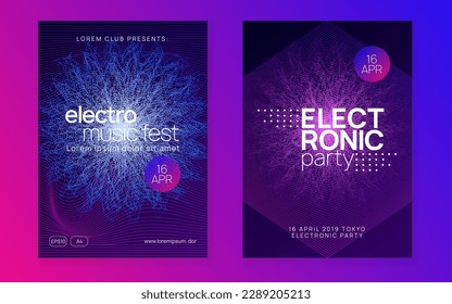 Trance event. Bright show brochure set. Dynamic fluid shape and line. Neon trance event flyer. Techno dj party. Electro dance music. Electronic sound. Club fest poster. 