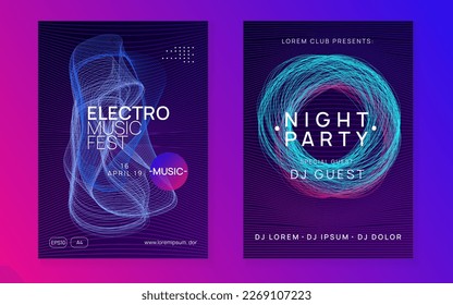 Trance event. Curvy discotheque cover set. Dynamic fluid shape and line. Neon trance event flyer. Techno dj party. Electro dance music. Electronic sound. Club fest poster. 