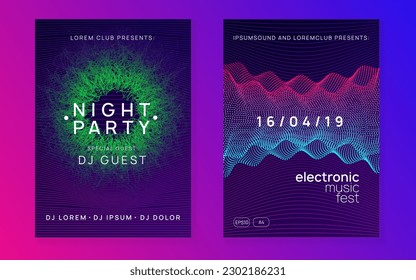 Trance event. Digital concert cover set. Dynamic fluid shape and line. Neon trance event flyer. Techno dj party. Electro dance music. Electronic sound. Club fest poster. 