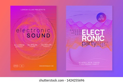 Trance event. Dynamic fluid shape and line. Digital discotheque magazine set. Neon trance event flyer. Techno dj party. Electro dance music. Electronic sound. Club fest poster. 