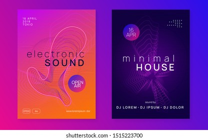 Trance event. Dynamic fluid shape and line. Bright discotheque cover set. Neon trance event flyer. Techno dj party. Electro dance music. Electronic sound. Club fest poster.