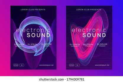 Trance event. Dynamic fluid shape and line. Futuristic concert invitation set. Neon trance event flyer. Techno dj party. Electro dance music. Electronic sound. Club fest poster.