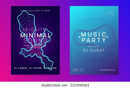 Trance event. Dynamic fluid shape and line. Bright concert banner set. Neon trance event flyer. Techno dj party. Electro dance music. Electronic sound. Club fest poster. 