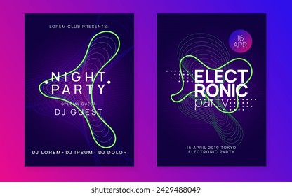 Trance event. Dynamic fluid shape and line. Digital concert invitation set. Neon trance event flyer. Techno dj party. Electro dance music. Electronic sound. Club fest poster. 