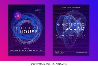 Trance event. Dynamic gradient shape and line. Wavy concert invitation set. Neon trance event flyer. Techno dj party. Electro dance music. Electronic sound. Club fest poster. 